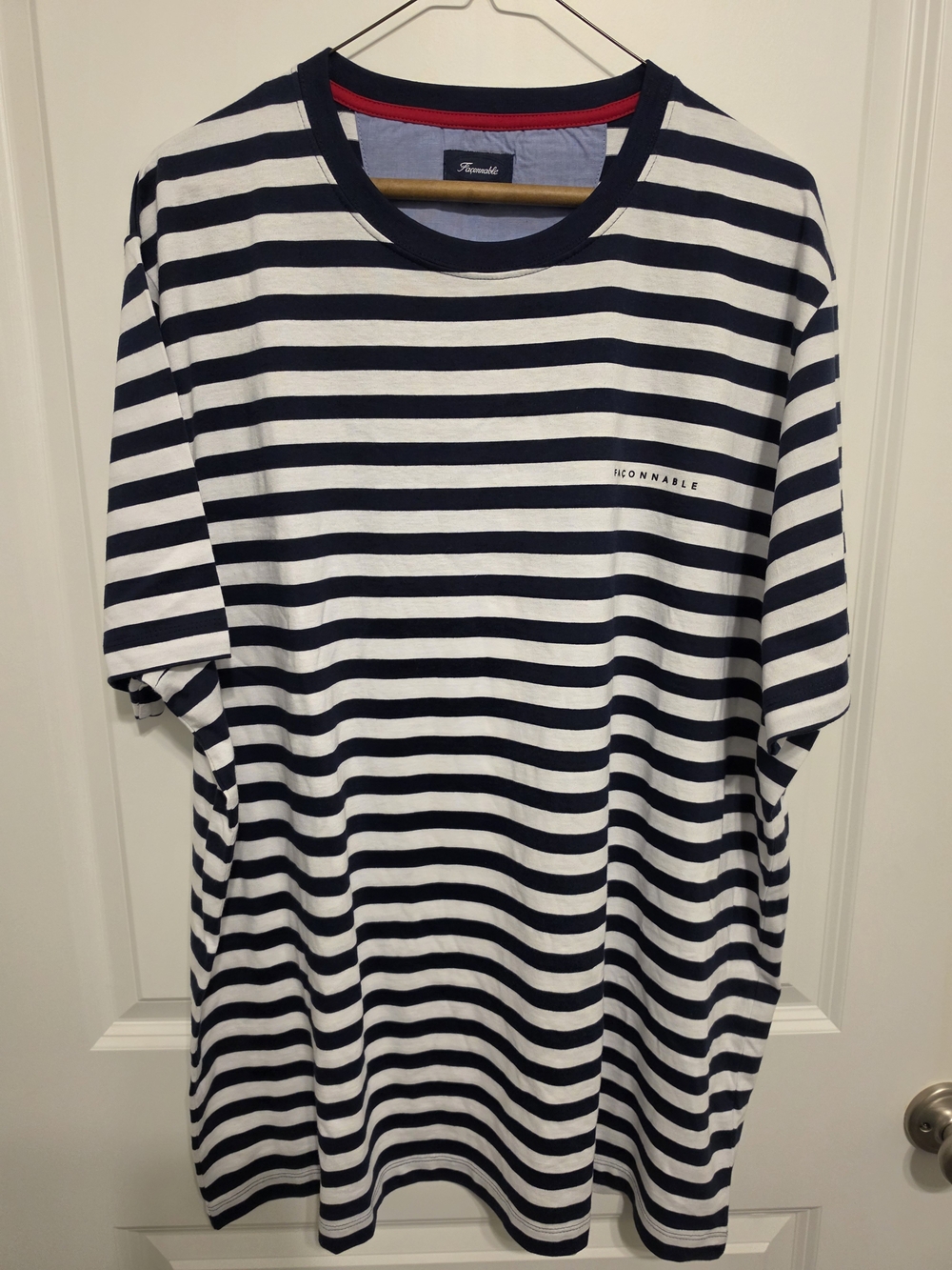 Faconnable Navy and White Striped Crew Tee with Red Neck Trim